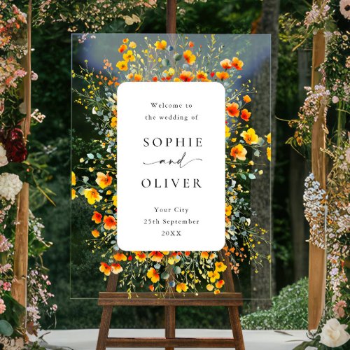 Elegant Watercolor Wild Flowers WELCOME Wedding Acrylic Sign