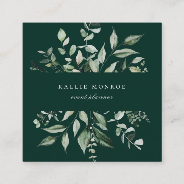 Elegant Watercolor Wild Foliage Emerald Square Business Card (Front)