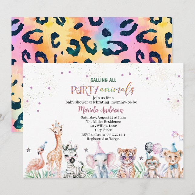 Elegant Watercolor Wild Safari Animals Baby Shower Invitation (Front/Back)