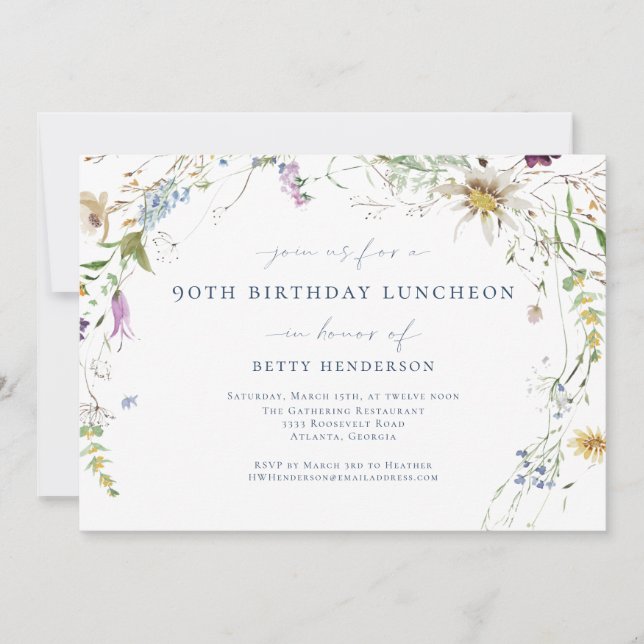 Elegant Watercolor Wildflower 90th Birthday Invitation (Front)