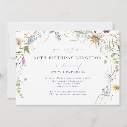 Elegant Watercolor Wildflower 90th Birthday Invitation