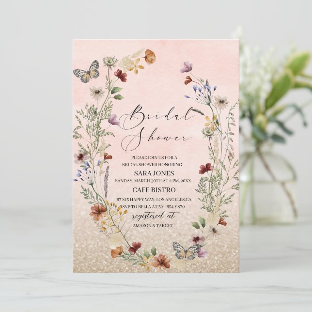 Elegant  watercolor wildflower and butterfly  Flor Invitation (Standing Front)