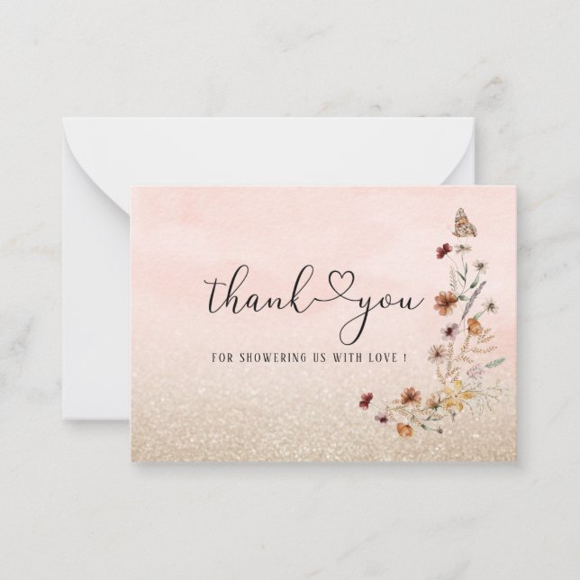 Elegant Watercolor Wildflower and Butterfly Floral Note Card (Front)
