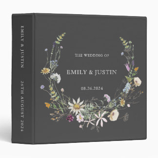 Elegant Watercolor Wildflower Black Wedding Album 3 Ring Binder