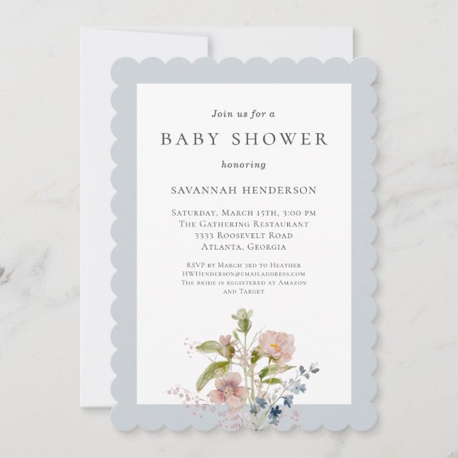 Elegant Watercolor Wildflower Blue Baby Shower Invitation (Front)