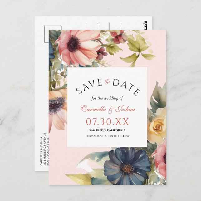 Elegant Watercolor Wildflower Boho Save The Date Postcard (Front/Back)