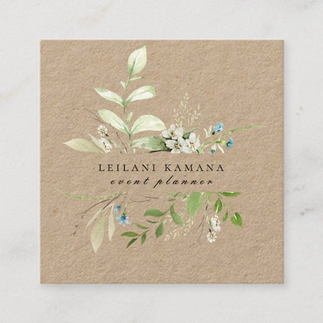 Elegant Watercolor Wildflower Botanical Kraft Square Business Card (Front)