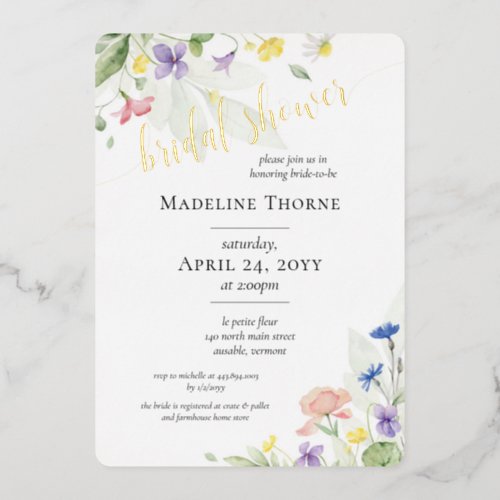 Elegant Watercolor Wildflower Floral Bridal Shower Foil Invitation