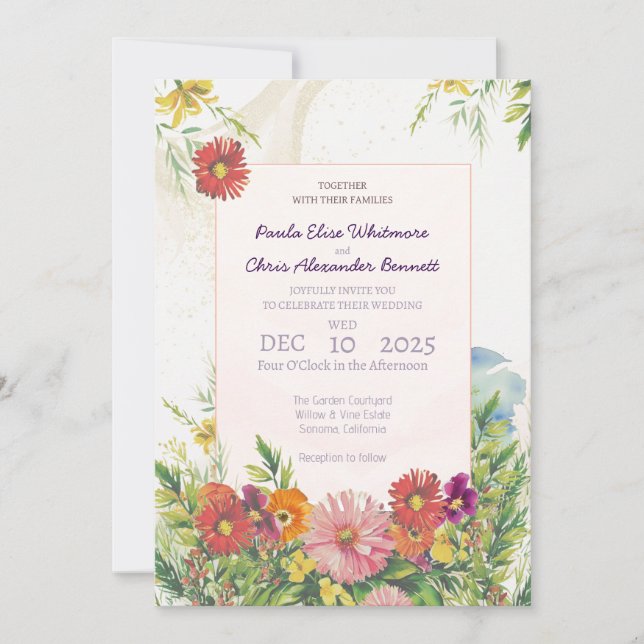Elegant Watercolor Wildflower Garden Wedding Invitation (Front)