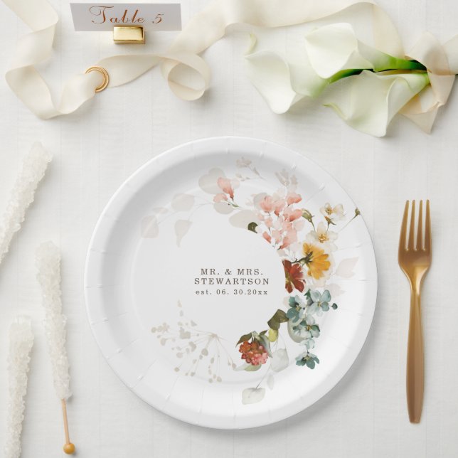Elegant Watercolor Wildflower Garden Wedding Paper Plates (Wedding)