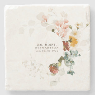 Elegant Watercolor Wildflower Garden Wedding  Stone Coaster