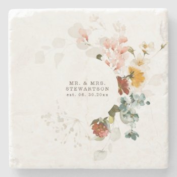 Elegant Watercolor Wildflower Garden Wedding  Stone Coaster by designcurvestudios at Zazzle