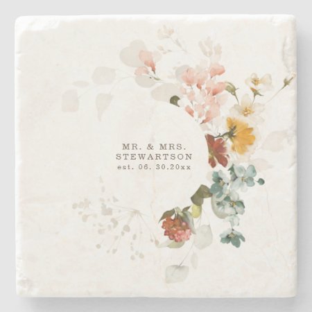 Elegant Watercolor Wildflower Garden Wedding  Stone Coaster