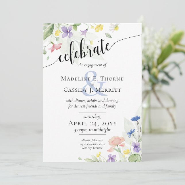 Elegant Watercolor Wildflower Marriage Engagement Invitation (Standing Front)
