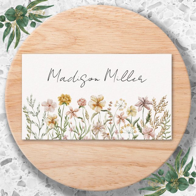 Elegant Watercolor Wildflower Meadow Floral Business Card (Close up)