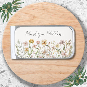 Elegant Watercolor Wildflower Meadow Floral Silver Finish Money Clip