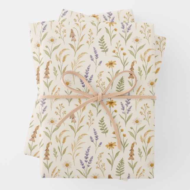 Elegant Watercolor Wildflower Meadow Floral Wrapping Paper Sheets (In situ)