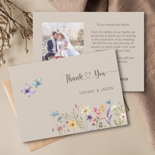Elegant Watercolor Wildflower Photo Wedding  Thank You Card