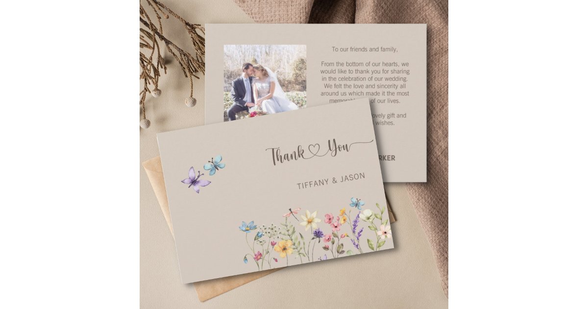 Elegant Watercolor Wildflower Photo Wedding Thank You Card | Zazzle
