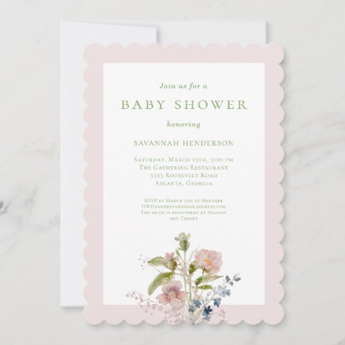 Elegant Watercolor Wildflower Pink Baby Shower Invitation