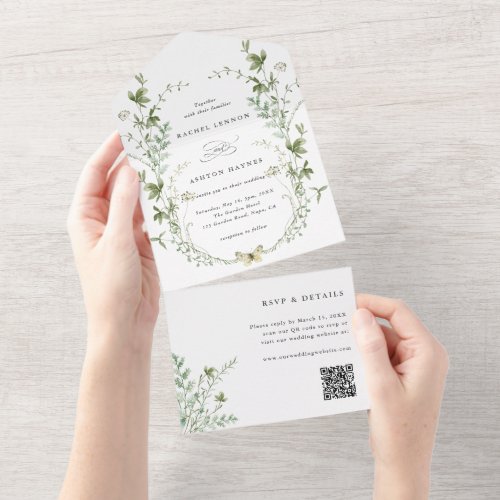 Elegant Watercolor Wildflower QR Code Wedding All In One Invitation