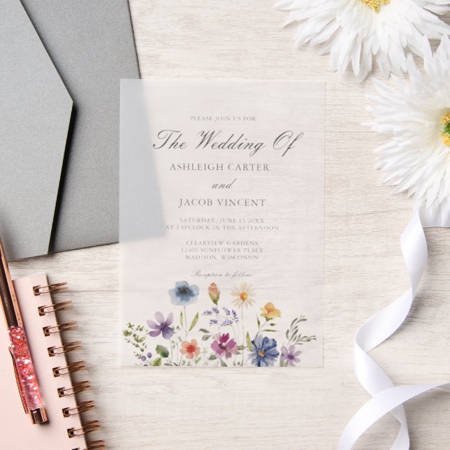 Elegant Watercolor Wildflower Spring Wedding Vellum Invitations (Wedding)