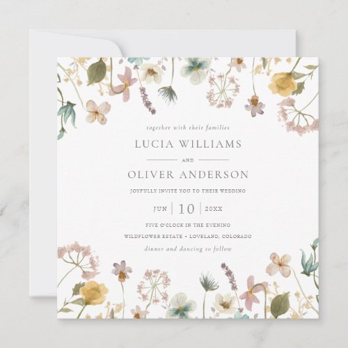 Elegant Watercolor Wildflower Square Wedding Invitation