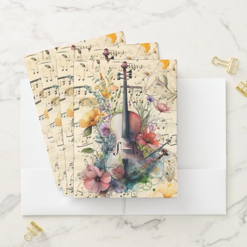 Elegant Watercolor Wildflower Violin Pocket Folder