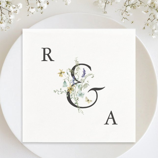 Elegant Watercolor Wildflower Wedding Monogram  Napkins (Creator Uploaded)