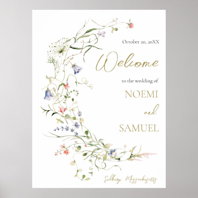 Elegant Watercolor Wildflower Wedding Welcome Poster (Front)