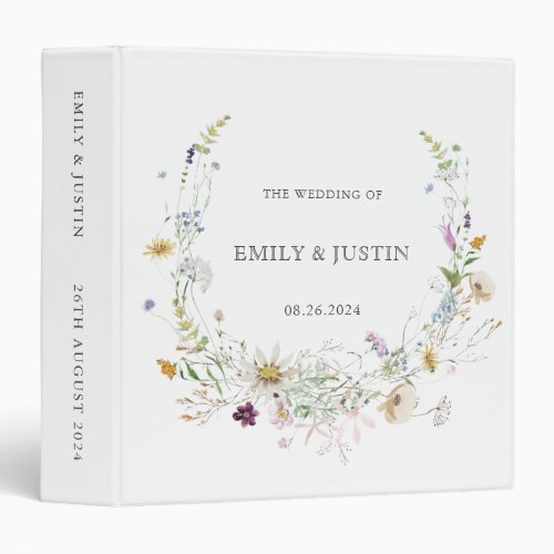 Elegant Watercolor Wildflower White Wedding Album 3 Ring Binder