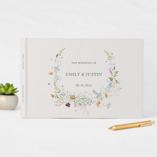 Elegant Watercolor Wildflower Wreath Beige Wedding Guest Book