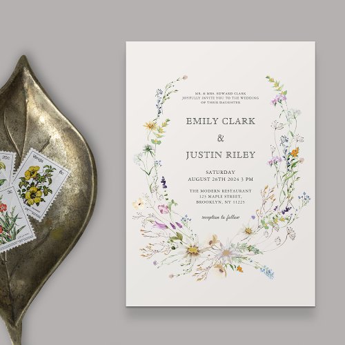 Elegant Watercolor Wildflower Wreath Beige Wedding Invitation