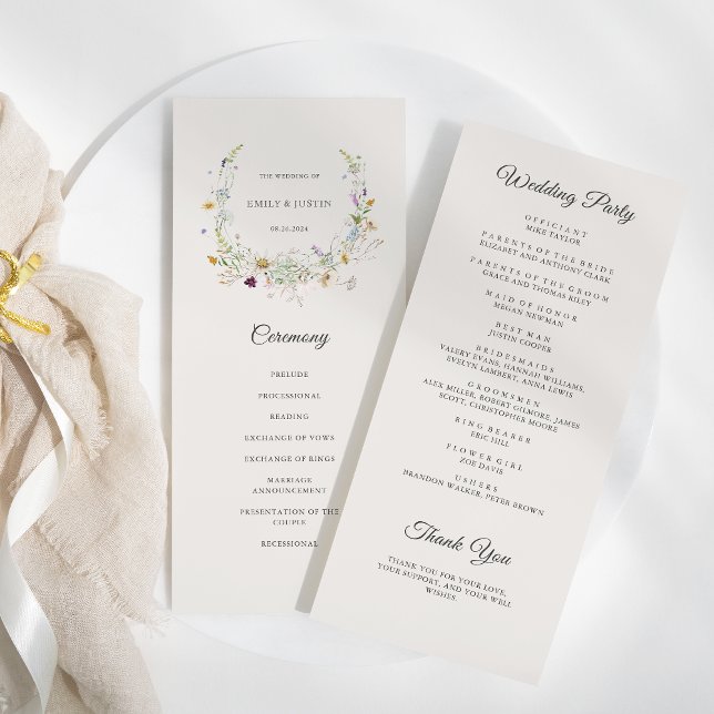 Elegant Watercolor Wildflower Wreath Beige Wedding Program (Creator Uploaded)