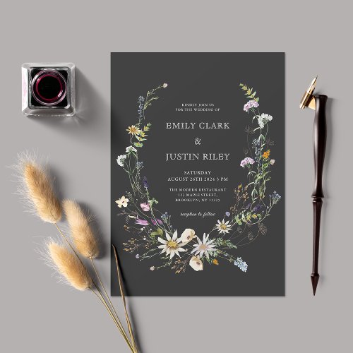 Elegant Watercolor Wildflower Wreath Black Wedding Invitation