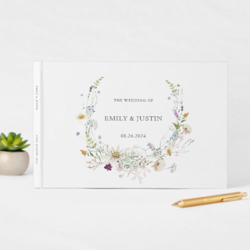 Elegant Watercolor Wildflower Wreath White Wedding Guest Book