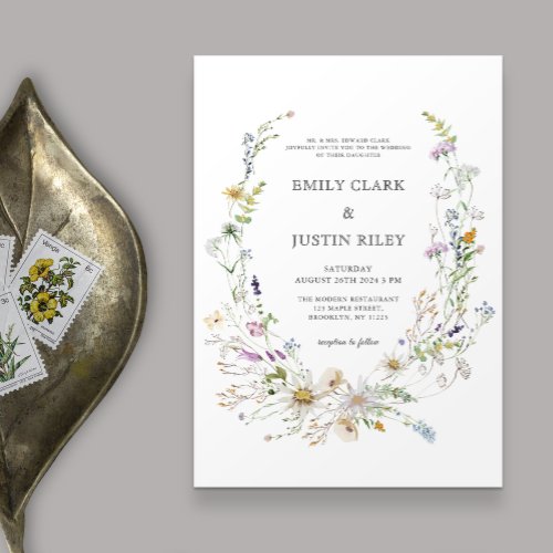 Elegant Watercolor Wildflower Wreath White Wedding Invitation