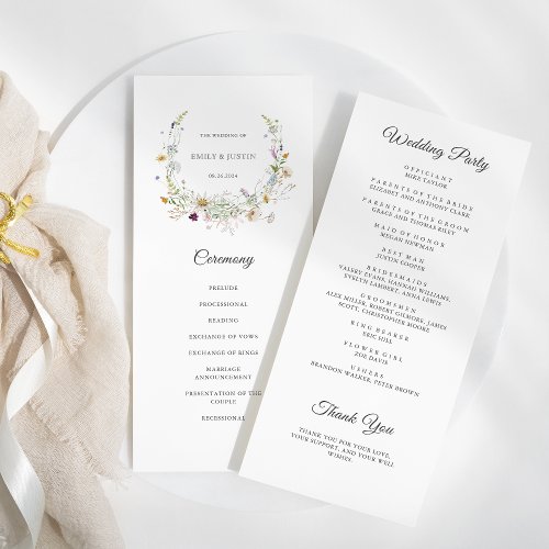Elegant Watercolor Wildflower Wreath White Wedding Program