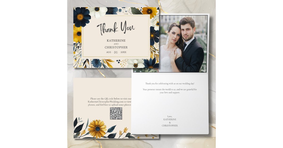 Elegant Watercolor Wildflowers Beige Wedding Photo Thank You Card | Zazzle