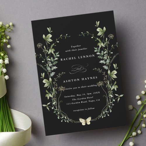 Elegant Watercolor Wildflowers Black Wedding Invitation