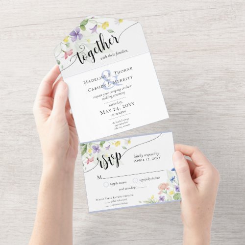 Elegant Watercolor Wildflowers Boho Floral Wedding All In One Invitation