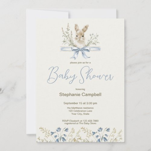 Elegant Watercolor Wildflowers Bunny Baby Shower Invitation