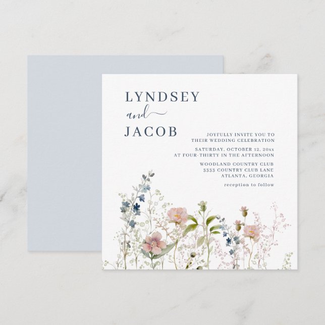 Elegant Watercolor Wildflowers Dusty Blue Wedding Invitation (Front/Back)