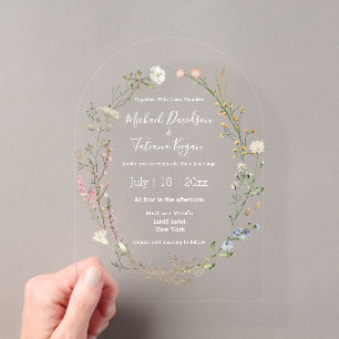 elegant watercolor wildflowers floral wedding arch acrylic invitations