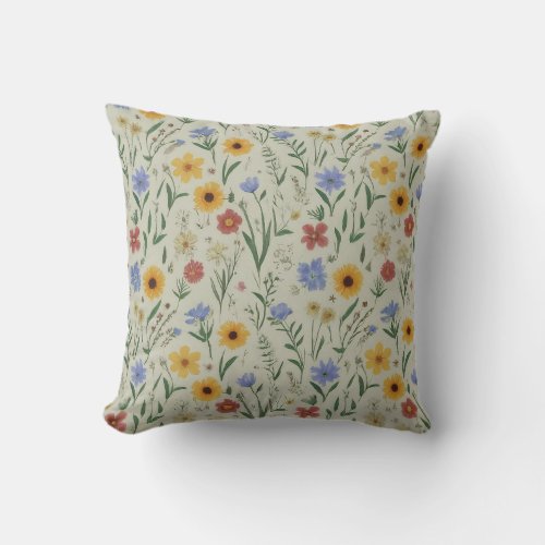 Elegant Watercolor Wildflowers Pattern Boho Style Throw Pillow