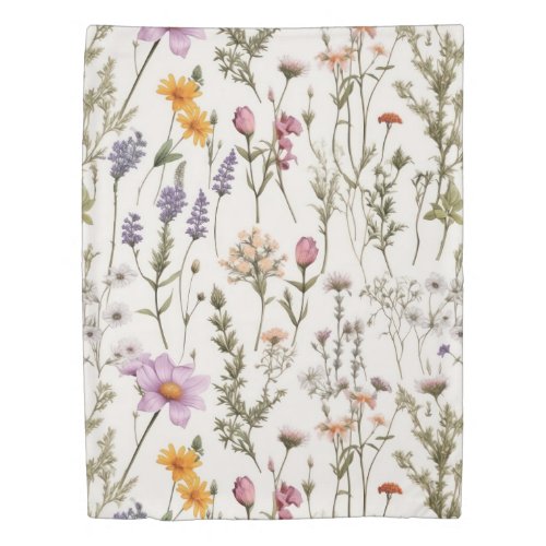 Elegant Watercolor Wildflowers Pattern Duvet Cover