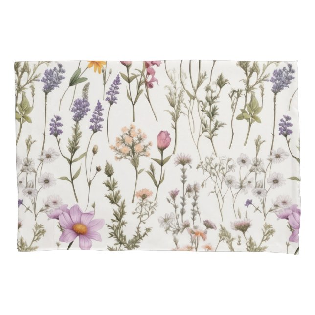 Elegant Watercolor Wildflowers Pattern Pillow Case (Front)