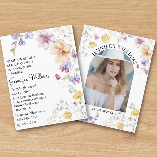 elegant watercolor wildflowers photo graduation  invitation