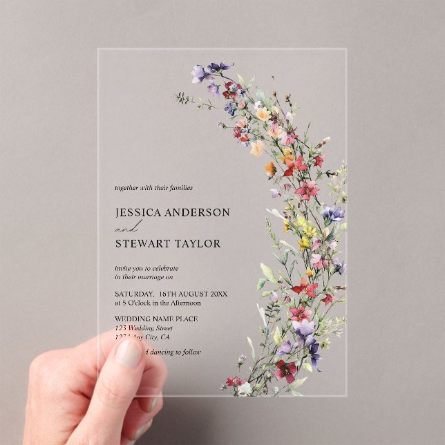  Elegant Watercolor Wildflowers Photo Wedding Acrylic Invitations (Insitu (Handheld))