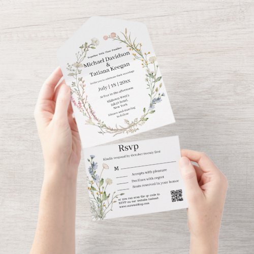 elegant watercolor wildflowers qr code wedding  all in one invitation